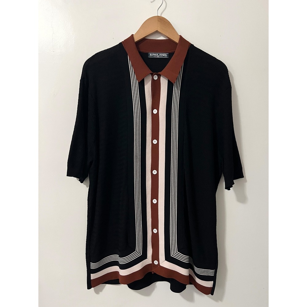 PJ Paul Jones Mens XL Knit Polo Shirt Black Rust Stripe Short Sleeve Button Up